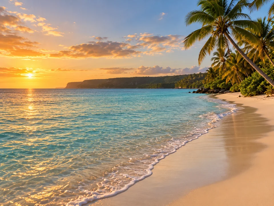 Golden light on a sandy beach, palm trees and turquoise water