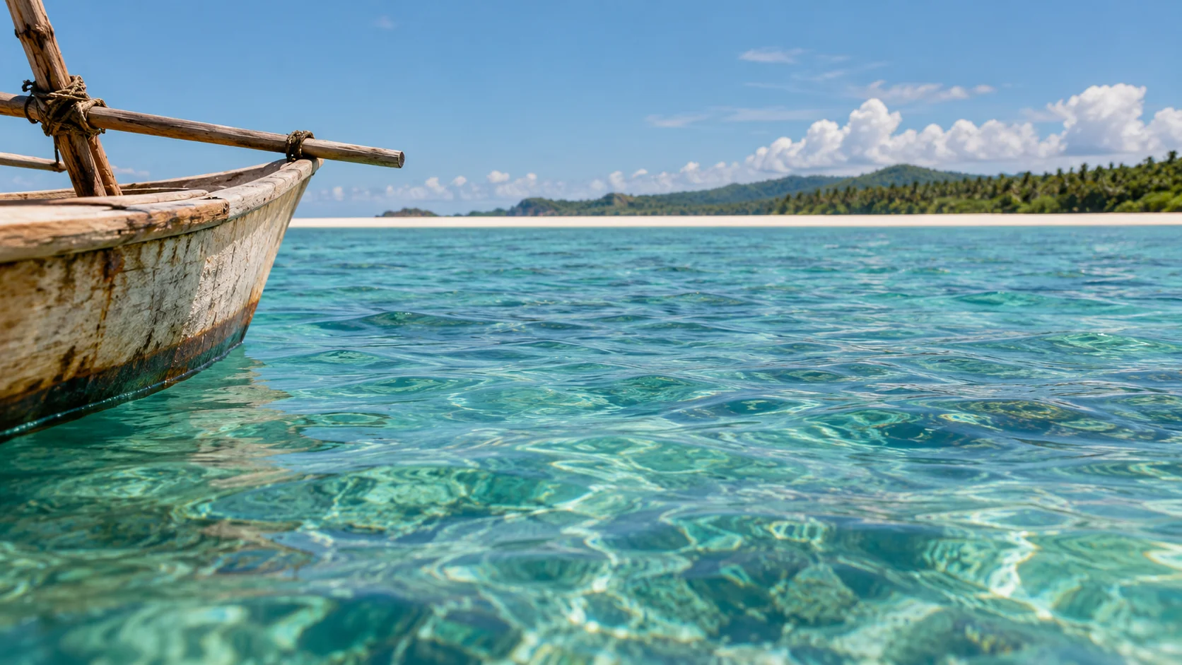 Sunlight on clear reef water beside a wooden boat